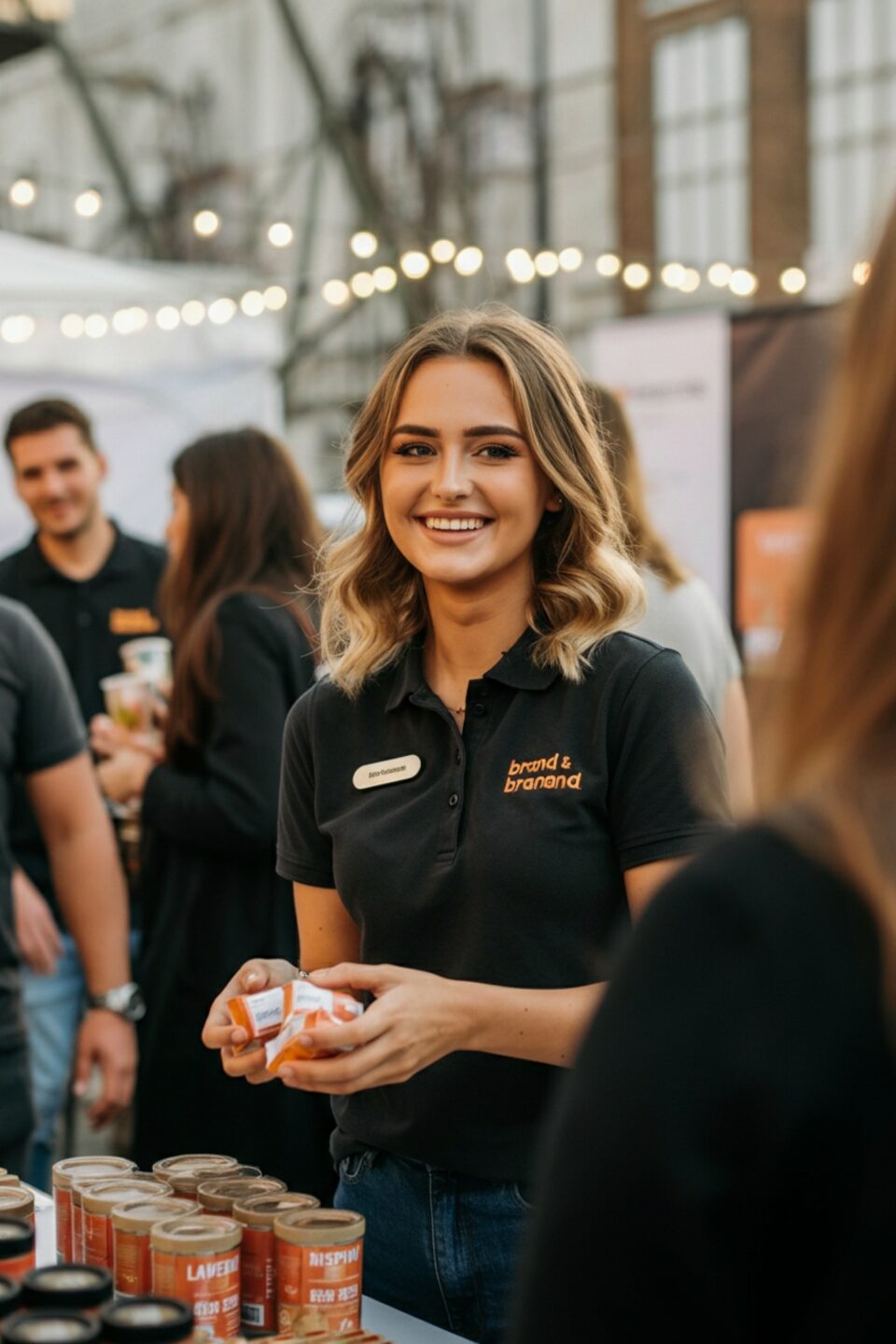 Promoterin verteilt strahlend Produktproben auf einem Event