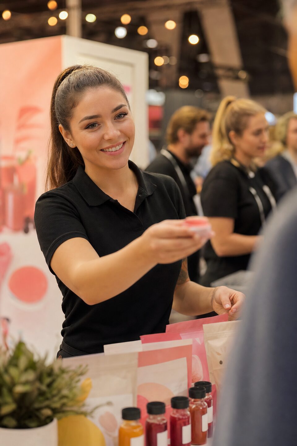 Promoterin überreicht freundlich eine Produktprobe auf einer Messe